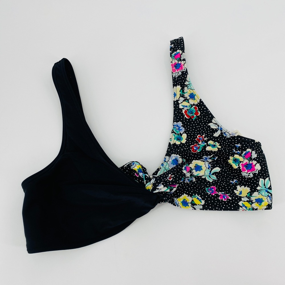 Abercrombie & Fitch Bikini Top Womens XL Black Floral Polka Dot Knot Front